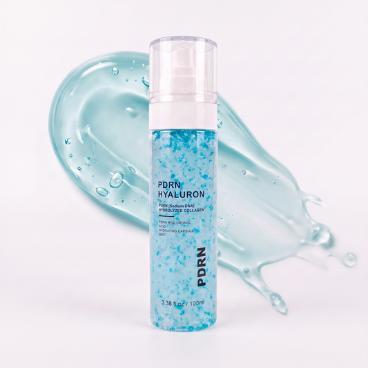 PDRN Hyaluron Collagen ansiktsmist framför en klick blå gel
